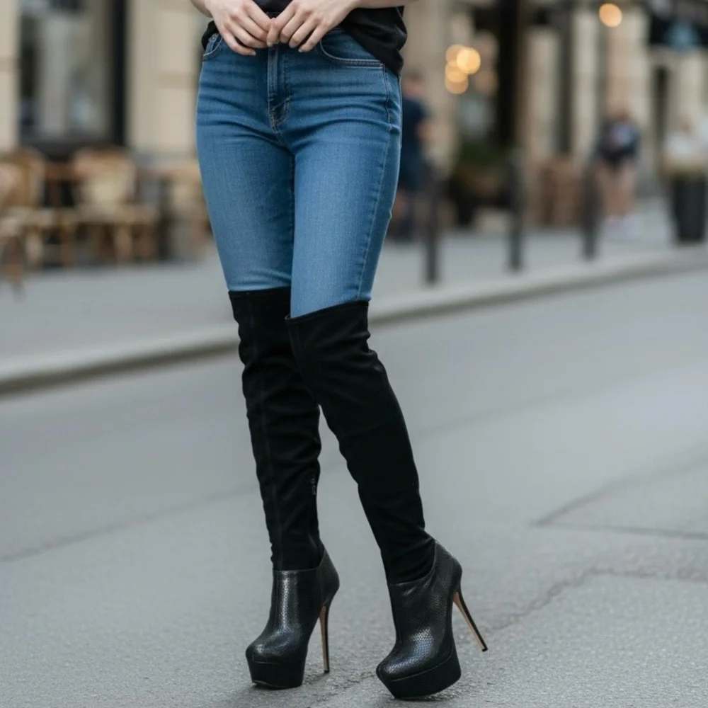 Alice + Olivia Black Thigh-High Platform Stiletto Over-the-Knee Leather Boots